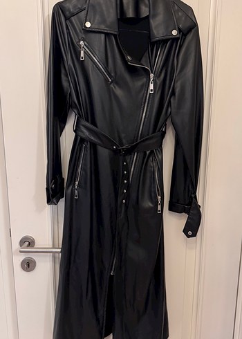 Kadın Siyah Deri Uzun Goth Kemerli Ceket - Görsel 3