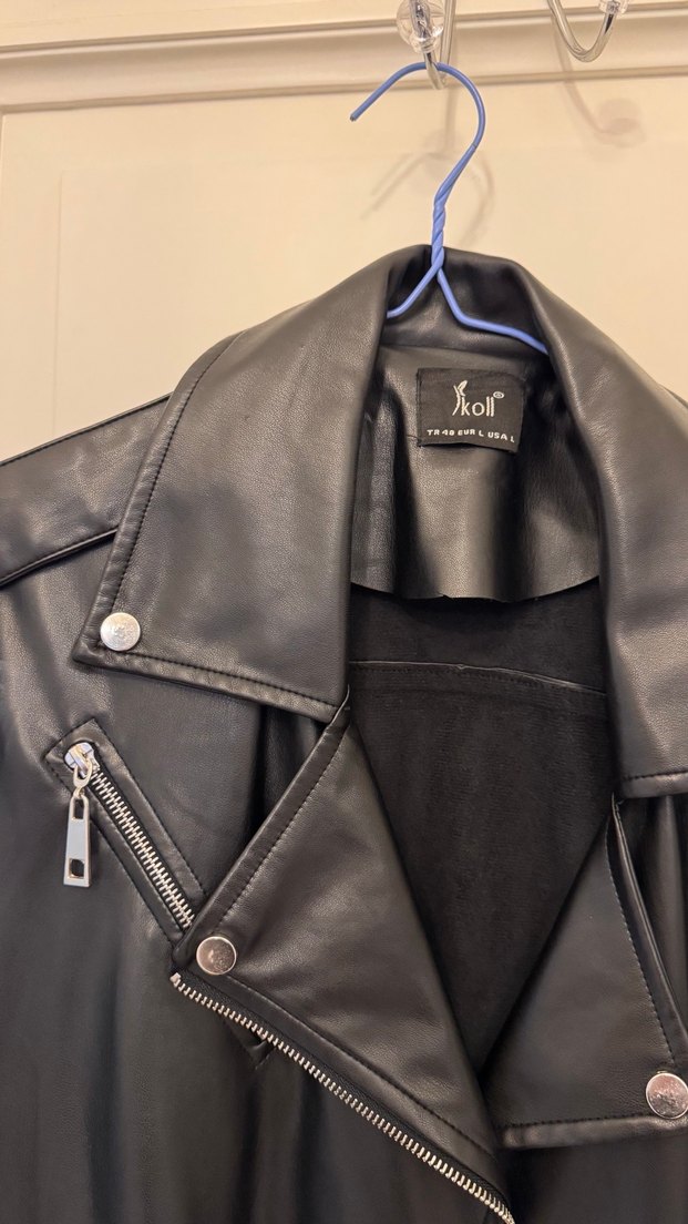 Kadın Siyah Deri Uzun Goth Kemerli Ceket - Görsel 2