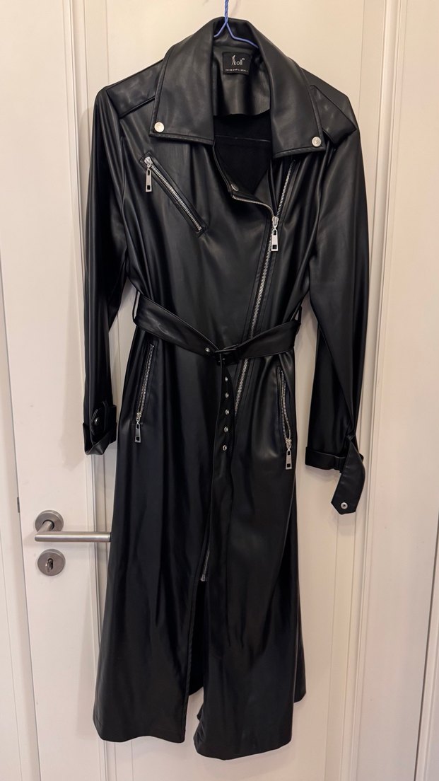 Kadın Siyah Deri Uzun Goth Kemerli Ceket - Görsel 3