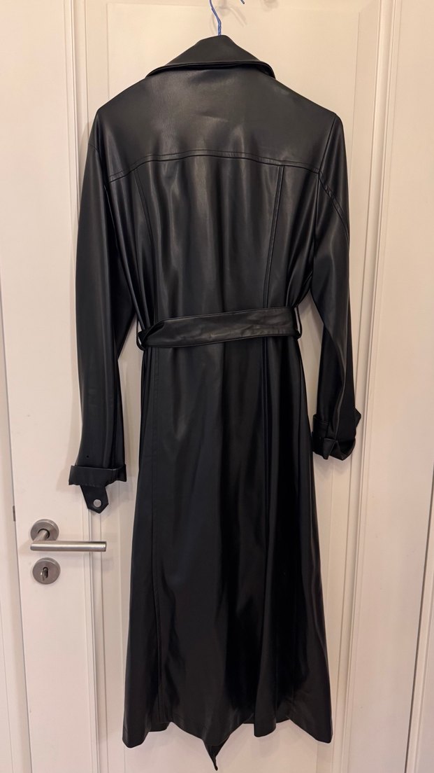 Kadın Siyah Deri Uzun Goth Kemerli Ceket - Görsel 4