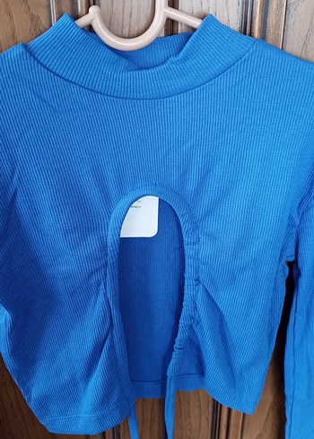 Uzun Kollu Mavi Crop Top - Görsel 2