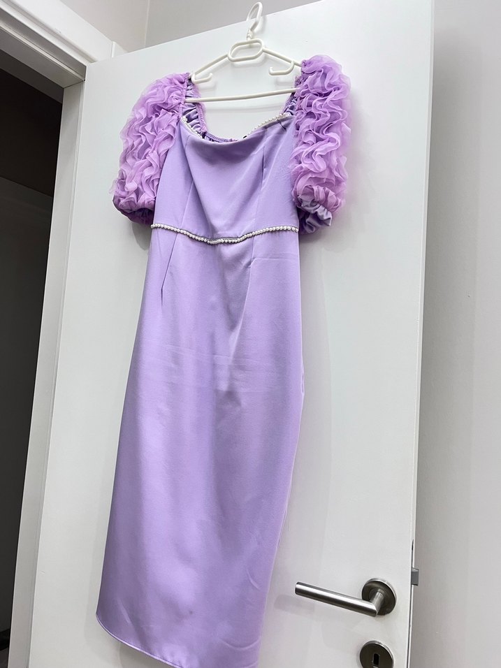 Mor V Yaka Midi Elbise - Görsel 3