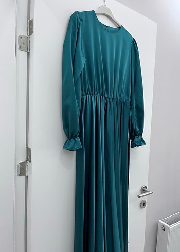 Uzun Turkuaz Drapeli Kadın Elbise - Görsel 5