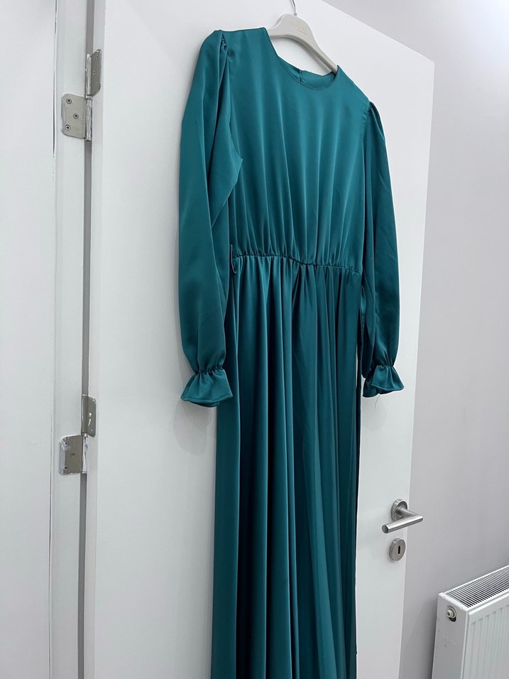 Uzun Turkuaz Drapeli Kadın Elbise - Görsel 5
