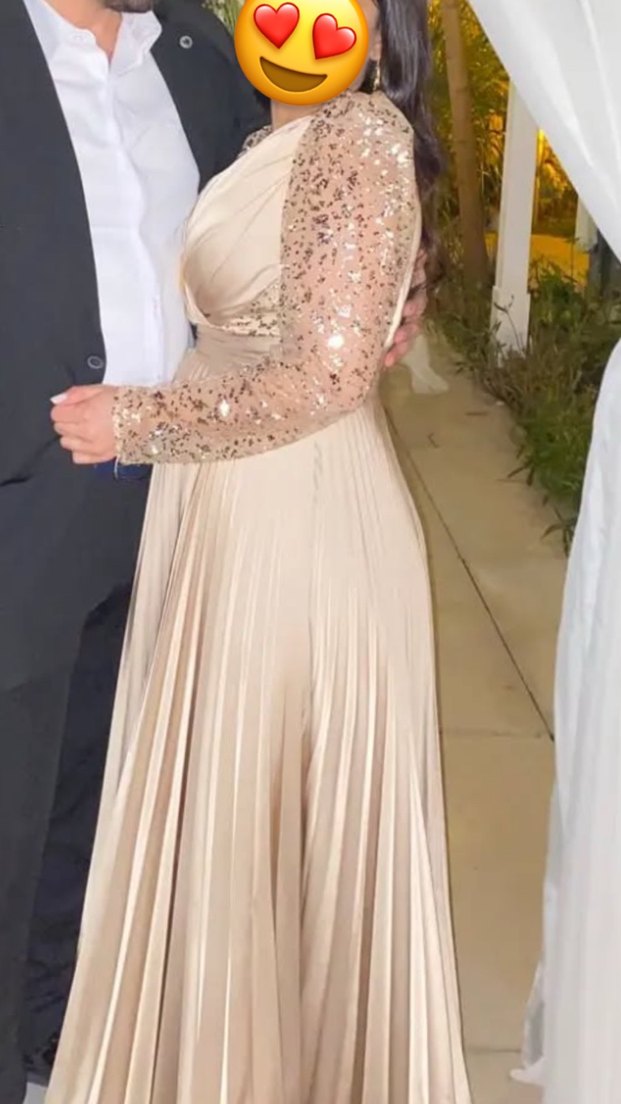 Drapeli V Yaka Uzun Bej Abiye Elbise - Görsel 2