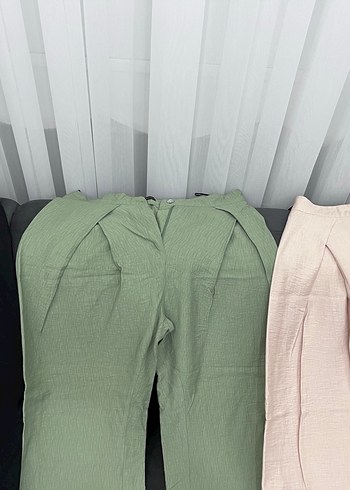 Kadın Khaki Keten Pilili Kumaş Pantolon - Görsel 4