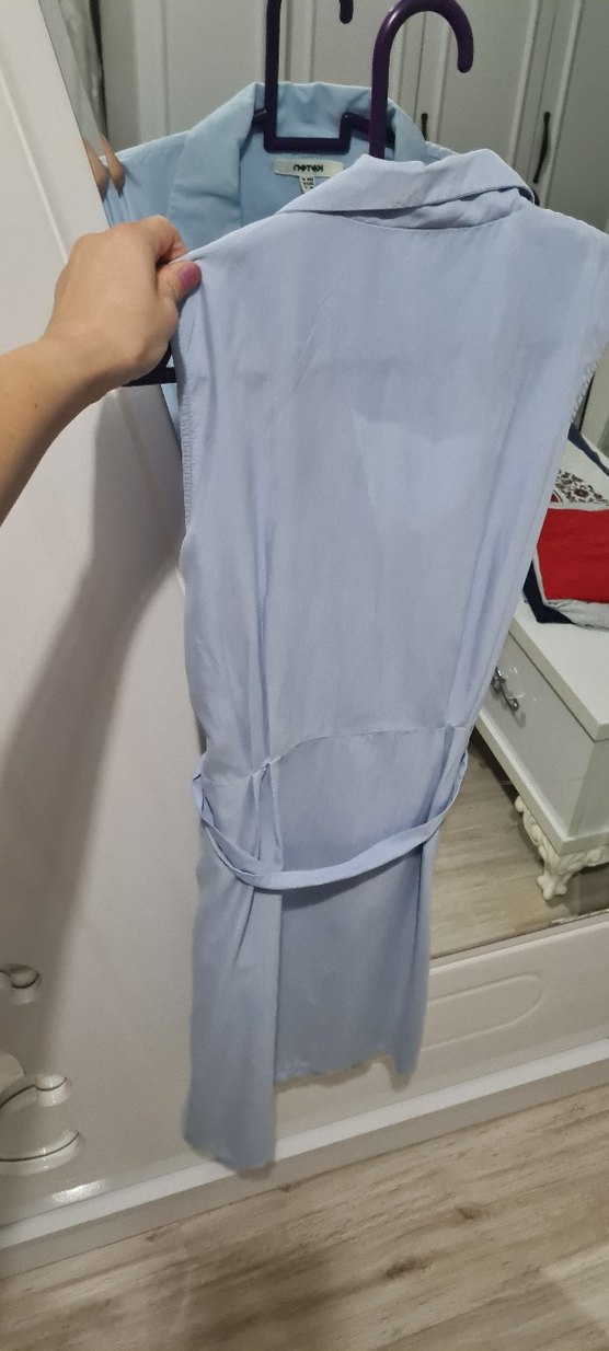 Mavi Kolsuz Midi gömlek yaka elbise - Görsel 4