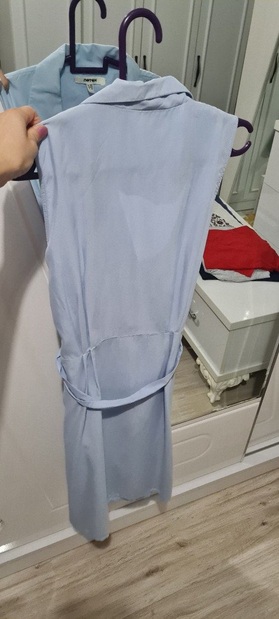 Mavi Kolsuz Midi gömlek yaka elbise - Görsel 5