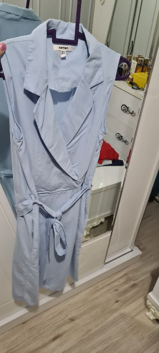 Mavi Kolsuz Midi gömlek yaka elbise - Görsel 2