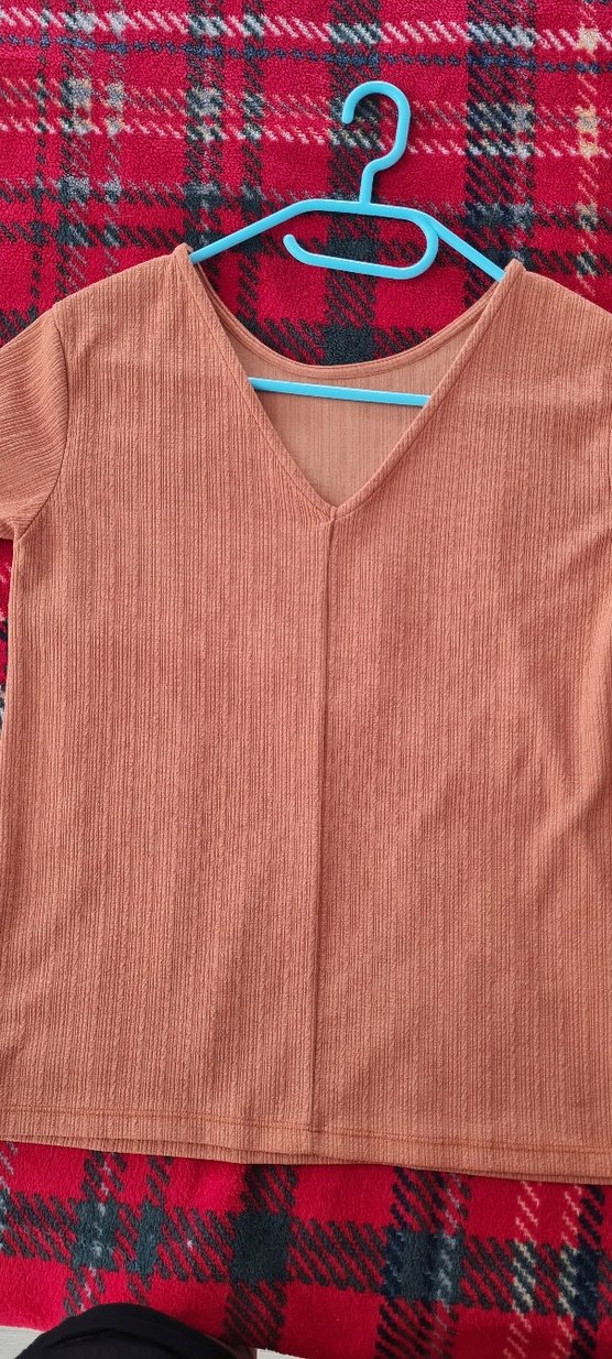 Kadın taba rengi v yaka dokulu Kısa Kollu Tişört - Görsel 3