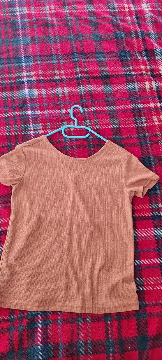 Kadın taba rengi v yaka dokulu Kısa Kollu Tişört - Görsel 5