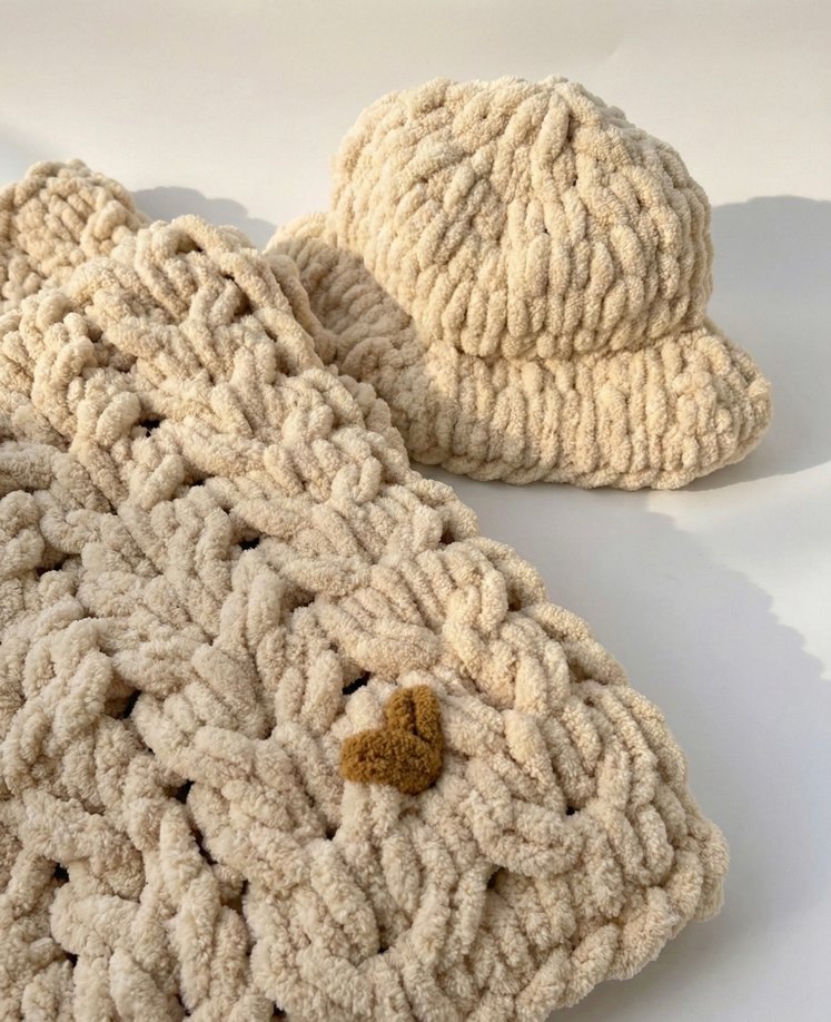 Bej Nakışlı Bohem Örgü Bere ve Atkı - Görsel 2