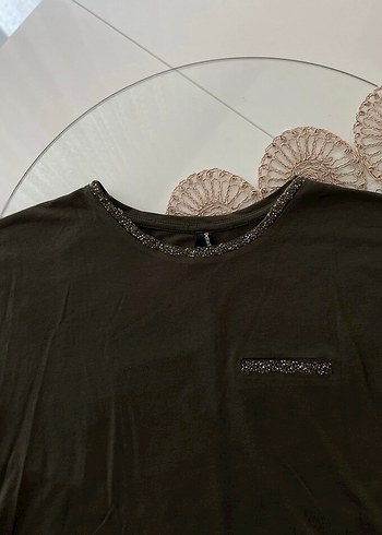 Haki Kadın Taşlı Salaş Tişört - Görsel 2