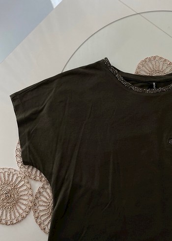 Haki Kadın Taşlı Salaş Tişört - Görsel 3