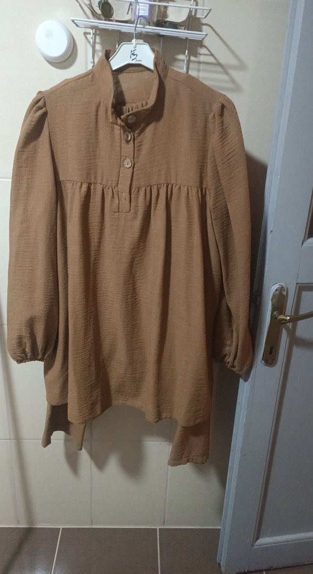 Bej Düğmeli Uzun Kollu Keten Tunik - Görsel 2