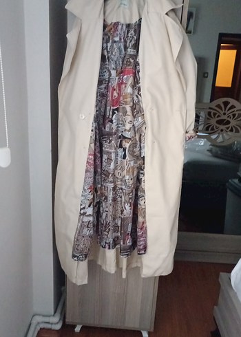 Bej Uzun Kadın Trençkot Düğmeli - Görsel 3