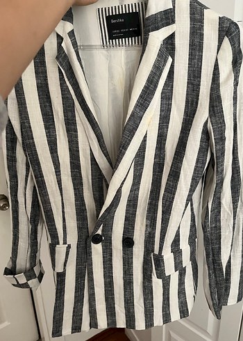 Çizgili Keten Kadın Blazer Ceket bershka xs s uyumlu