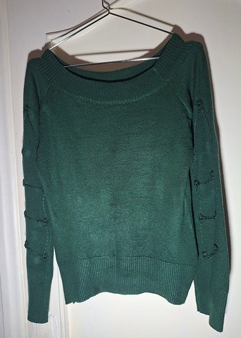 Yeşil Örgü Kadın Kazak, Uzun Kollu, Salaş - Görsel 3