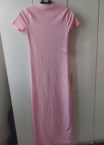 Düğmeli Pembe Önden Yırtmaçlı Elbise , Kısa Kollu, Uzun - Görsel 2