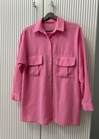 Pembe Düğmeli Uzun Kollu Keten Gömlek takım - Görsel 2