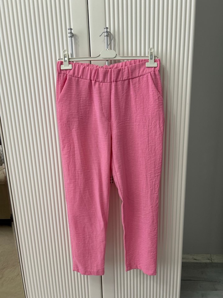 Pembe Düğmeli Uzun Kollu Keten Gömlek takım - Görsel 3