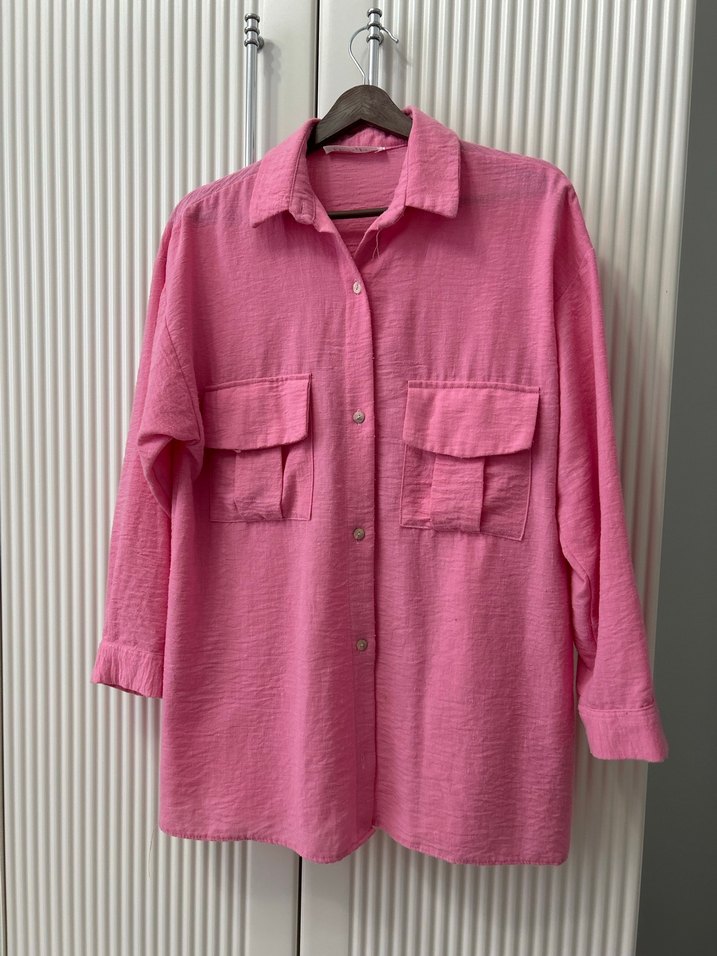 Pembe Düğmeli Uzun Kollu Keten Gömlek takım - Görsel 2