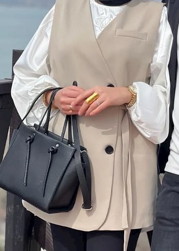 Bej Kuşaklı Midi Kolsuz Kadın Yelek - Görsel 2