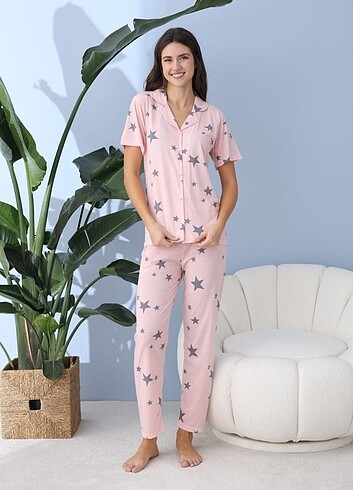 Diğer LİNDROS Pembe Yıldızlı Bayan Pijama Takımı
