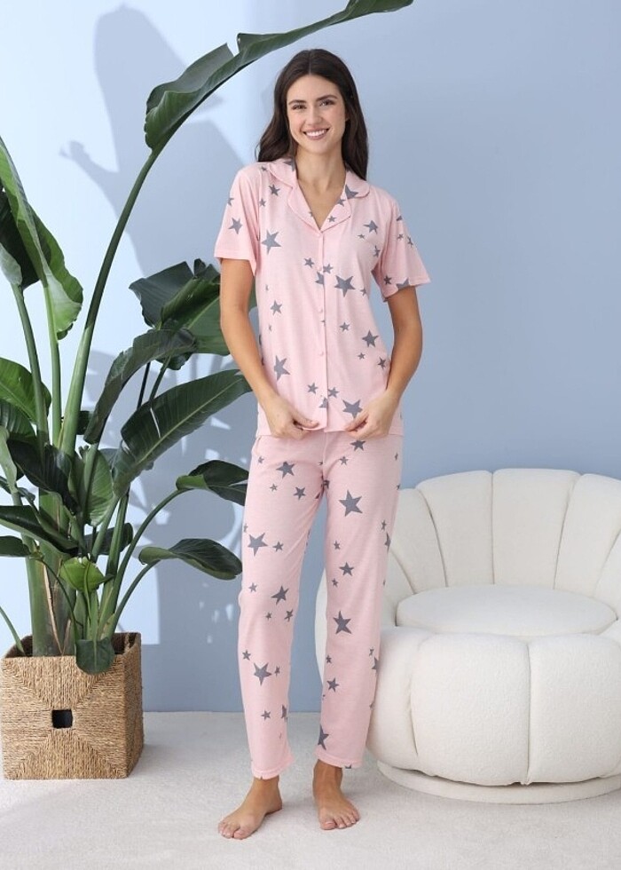 LİNDROS Pembe Yıldızlı Bayan Pijama Takımı #pijamatakımı - Görsel 2
