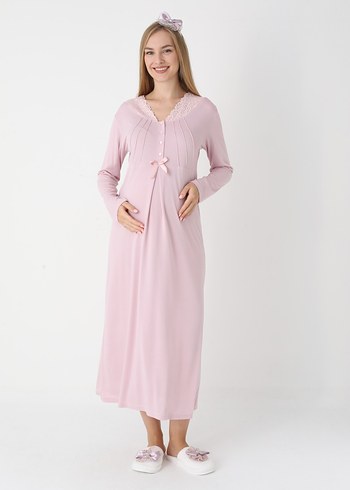 Pudra Rengi  Uzun Hamile ve Emzirme Gecelik Takımı - Görsel 8