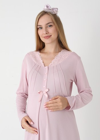 Pudra Rengi  Uzun Hamile ve Emzirme Gecelik Takımı - Görsel 7