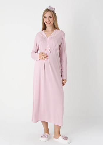 Pudra Rengi  Uzun Hamile ve Emzirme Gecelik Takımı - Görsel 10