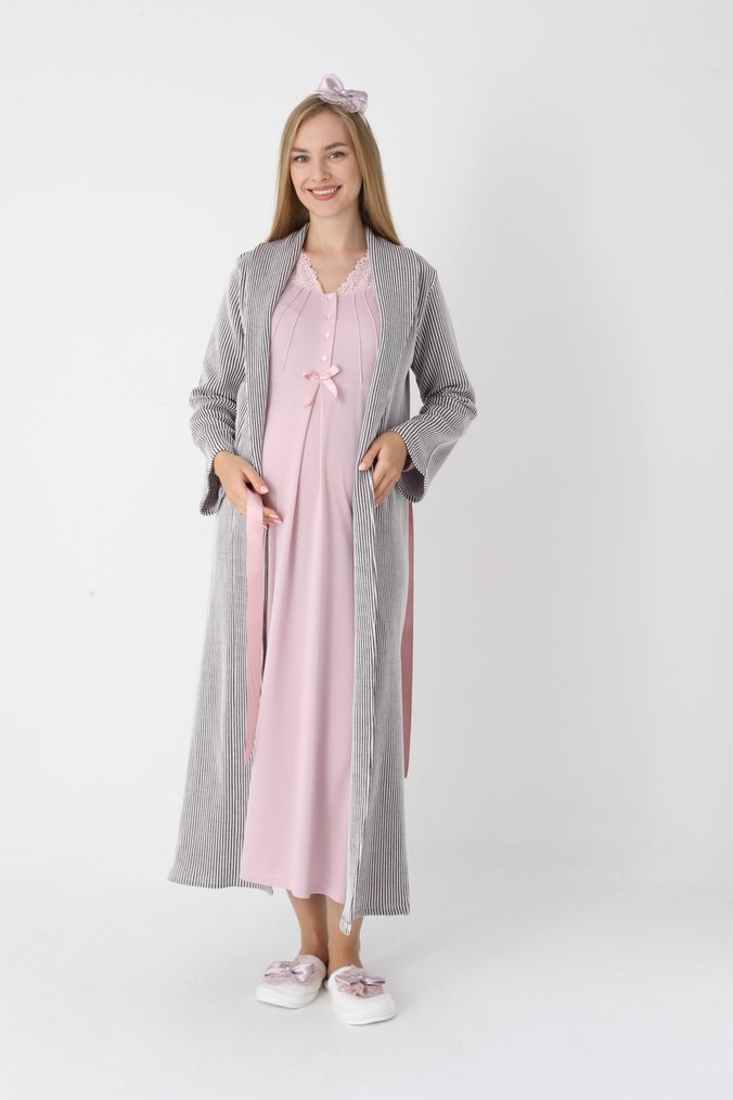 Pudra Rengi  Uzun Hamile ve Emzirme Gecelik Takımı - Görsel 4