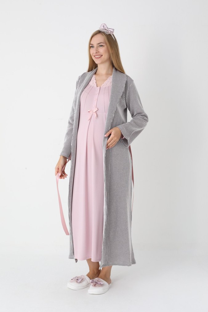 Pudra Rengi  Uzun Hamile ve Emzirme Gecelik Takımı - Görsel 2