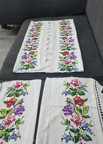 Büyük çiçekli Aydın işi kanaviçe yastık parçaları - Görsel 10