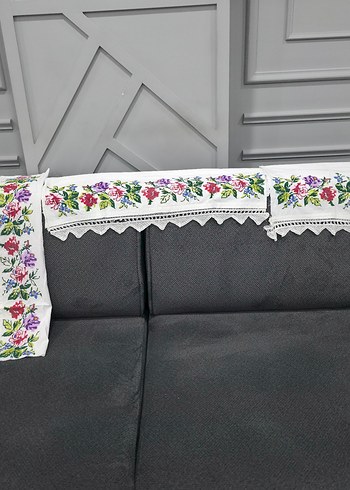 Büyük çiçekli Aydın işi kanaviçe yastık parçaları - Görsel 4