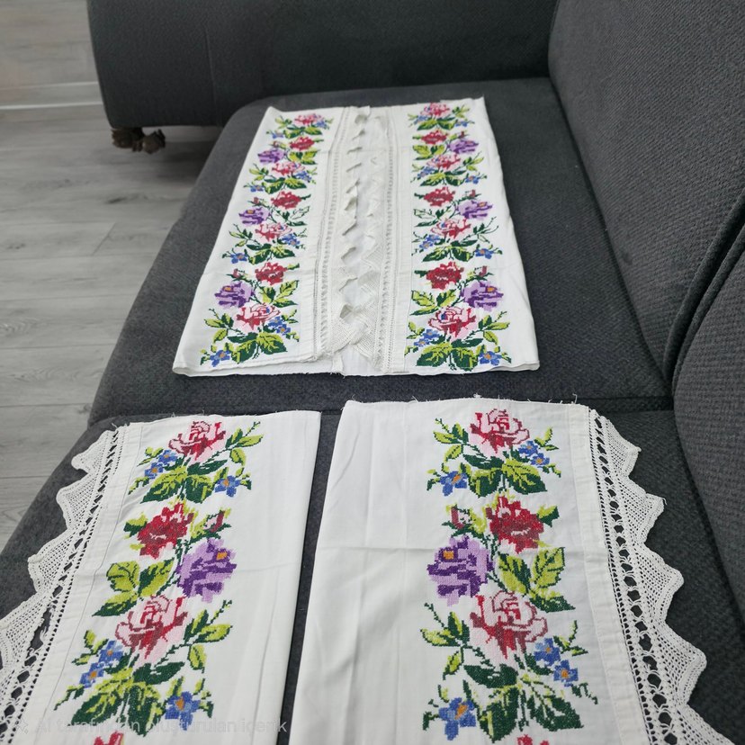 Büyük çiçekli Aydın işi kanaviçe yastık parçaları - Görsel 2