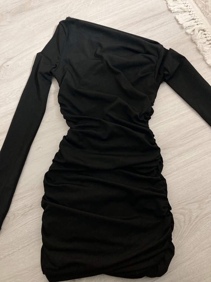 Uzun Kollu Siyah Drapeli Mini Elbise - Görsel 2