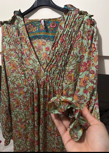 Bohem Çok Renkli Uzun Kollu V Yaka Elbise - Görsel 2