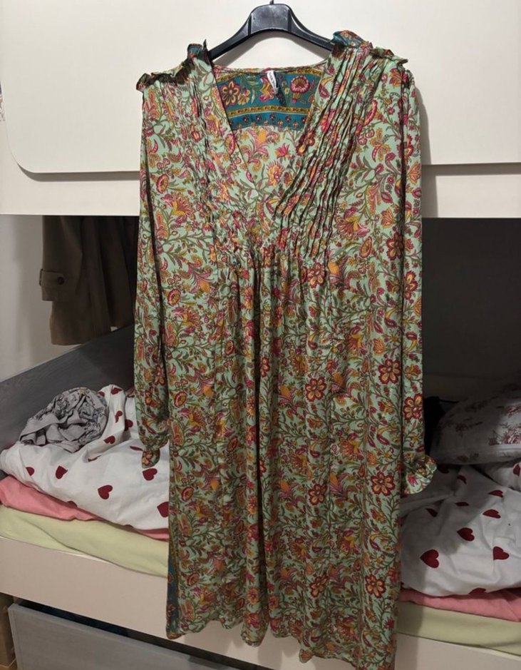 Bohem Çok Renkli Uzun Kollu V Yaka Elbise - Görsel 3