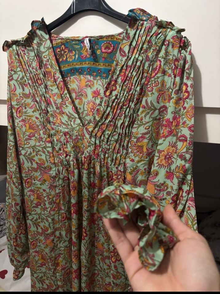 Bohem Çok Renkli Uzun Kollu V Yaka Elbise - Görsel 2