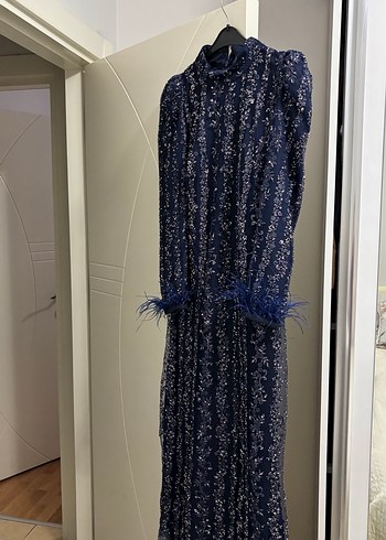 Lacivert Uzun Bohem Balıkçı Yaka abiye Elbise - Görsel 2