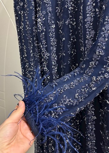 Lacivert Uzun Bohem Balıkçı Yaka abiye Elbise - Görsel 3