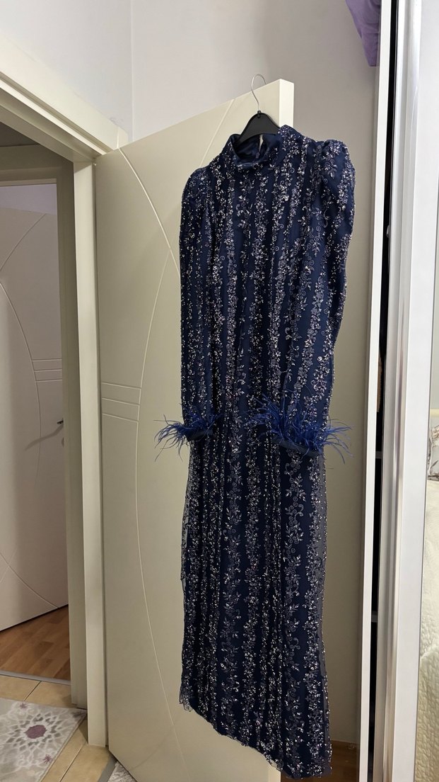 Lacivert Uzun Bohem Balıkçı Yaka abiye Elbise - Görsel 2