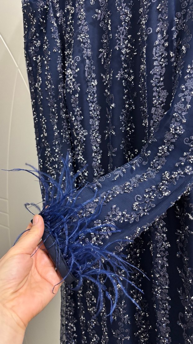 Lacivert Uzun Bohem Balıkçı Yaka abiye Elbise - Görsel 3