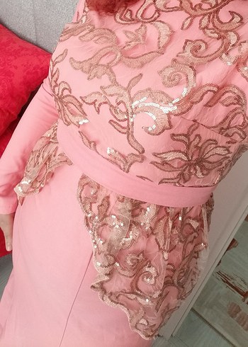 Abiye Pembe Uzun Kollu İşlemeli Drapeli Abiye