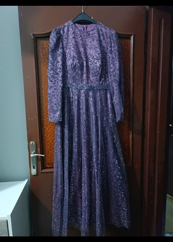 42 Beden Uzun Kollu, Salaş Kesim Mor Vintage Abiye Elbise