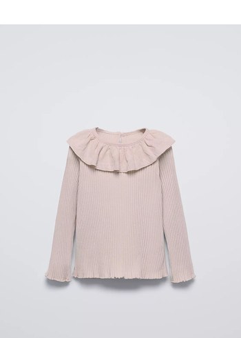 Bej Keten Kız Bluz - Pilili, Uzun Kollu - Görsel 3