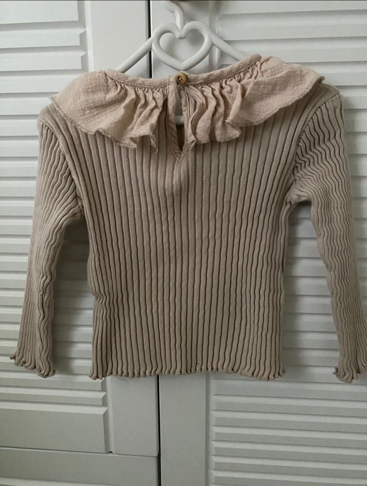 Bej Keten Kız Bluz - Pilili, Uzun Kollu - Görsel 2