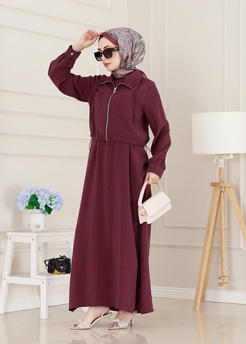 Bordo Uzun Kollu Ceketli Uzun Elbise